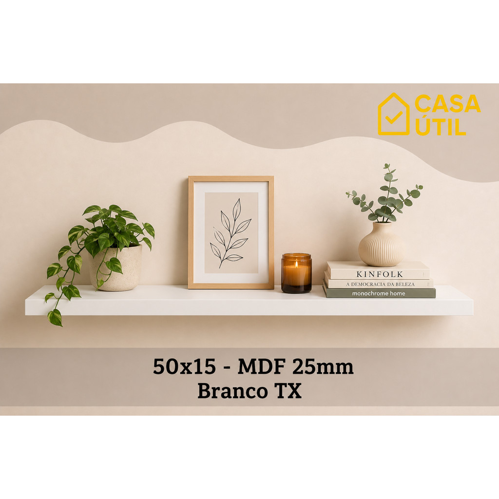 Prateleira Flutuante 50x15 cm MDF 25mm Branca com Suporte Invisível Sala, Cozinha e Quarto