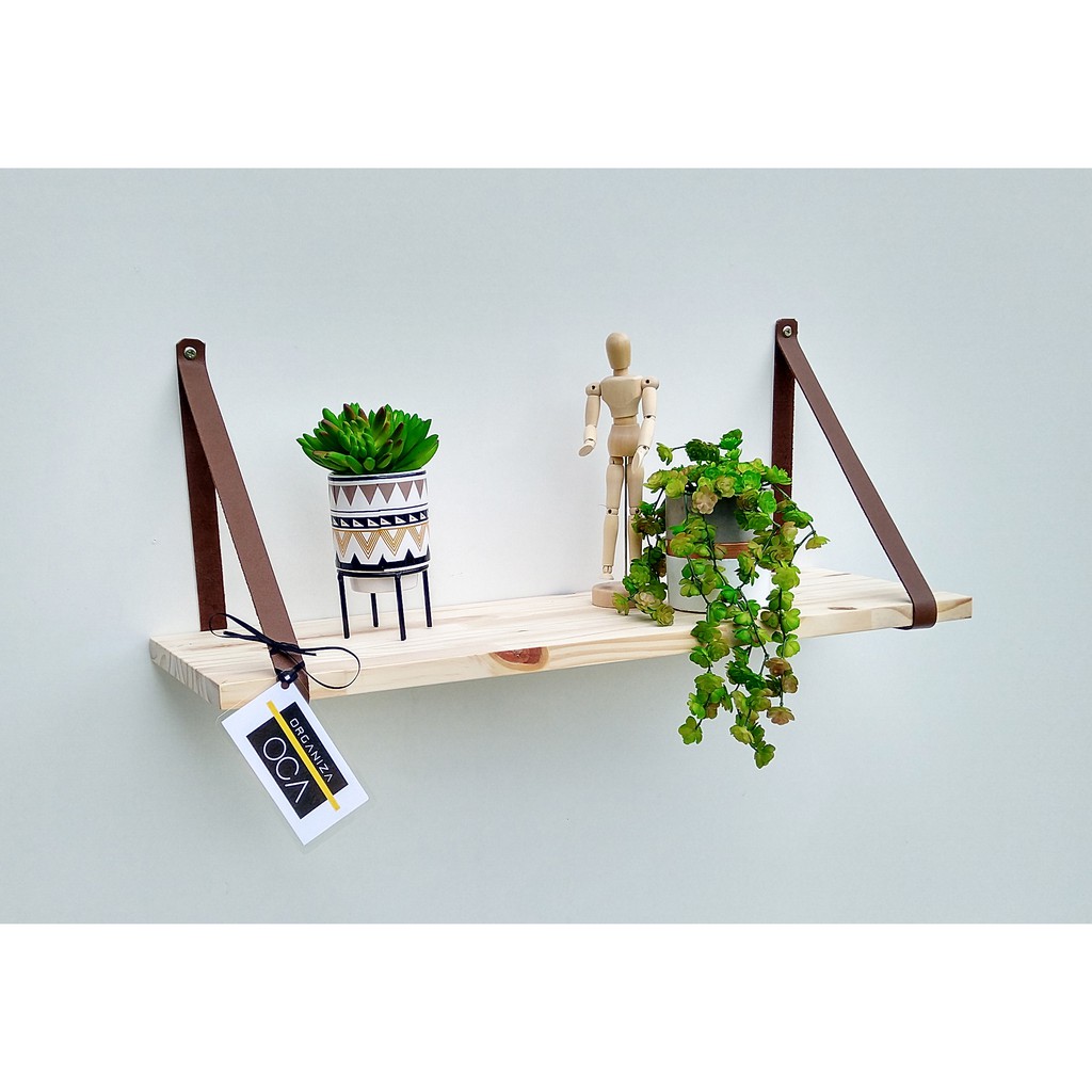 Prateleira pinus alça couro legitimo marrom 50x15 PROMOÇÃO