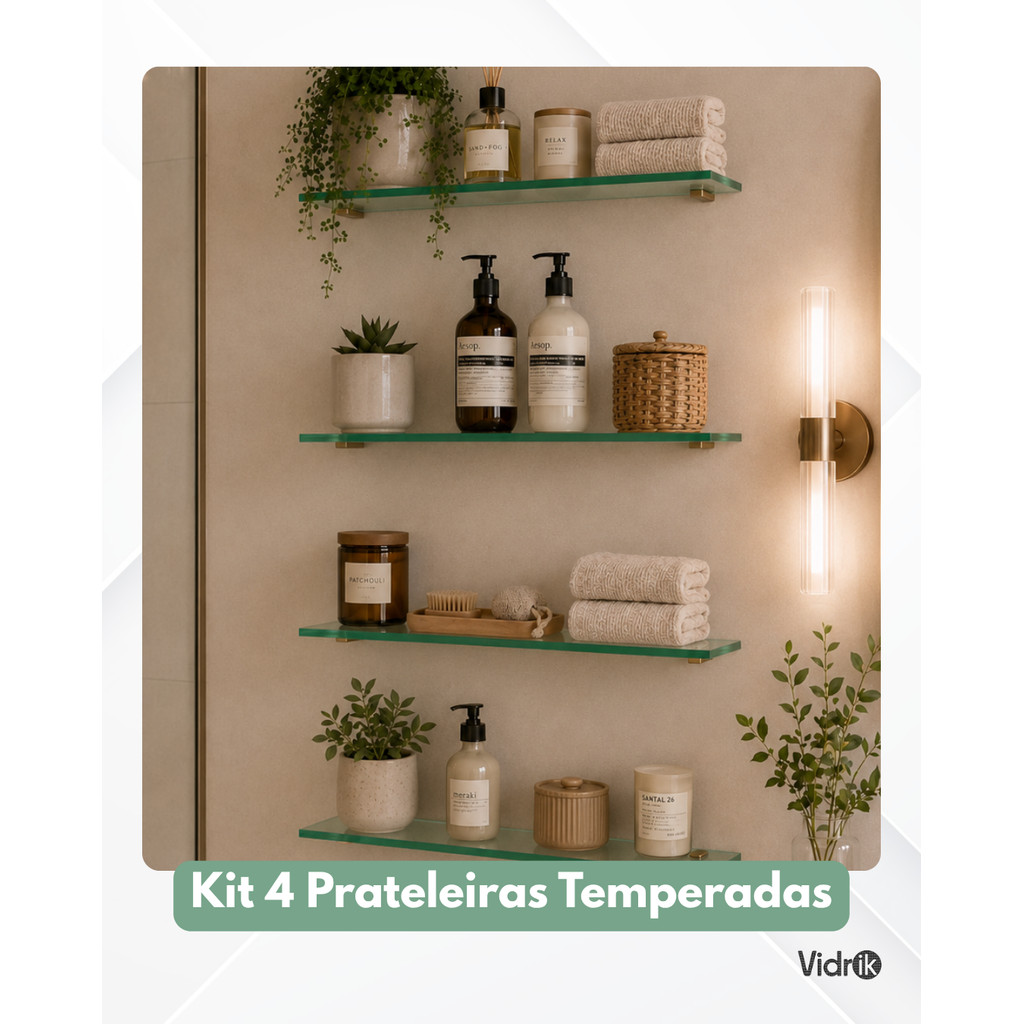 KIT 4 PRATELEIRAS TEMPERADA  50X15 INCOLOR 8 MM