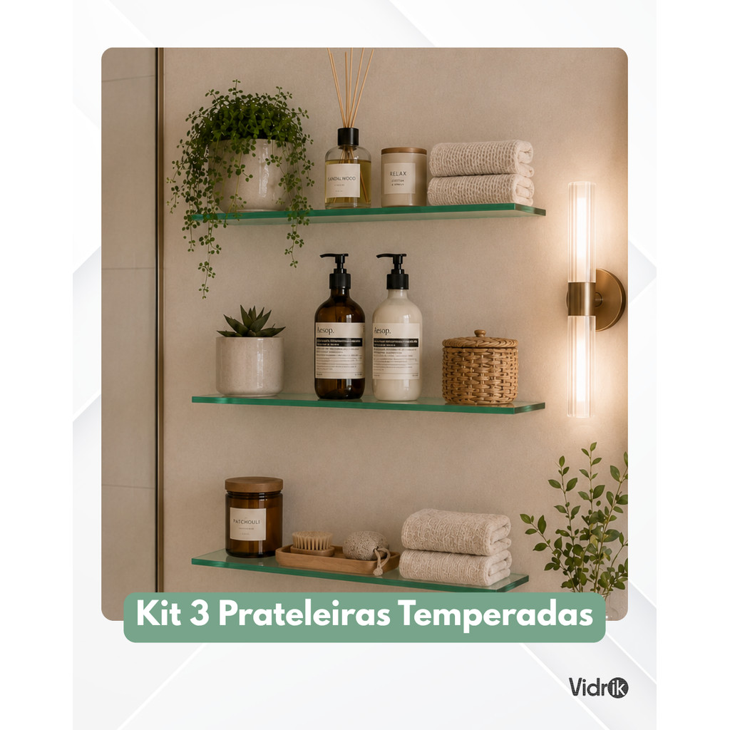 KIT 3 PRATELEIRAS TEMPERADA  50X15 INCOLOR 8 MM