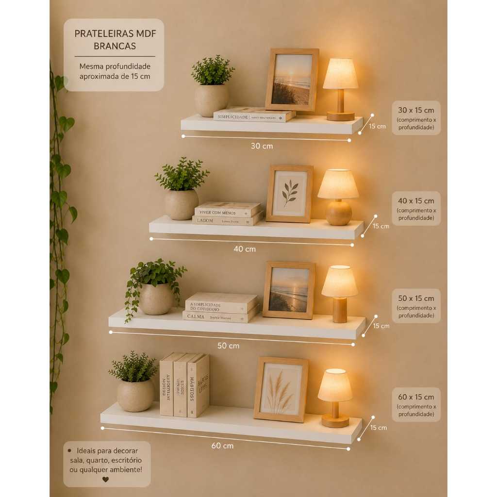 Prateleira Decorativa Unitária com Suporte Invisível 100% MDF Branco TX – 30x15 | 40x15 | 50x15 | 60x15