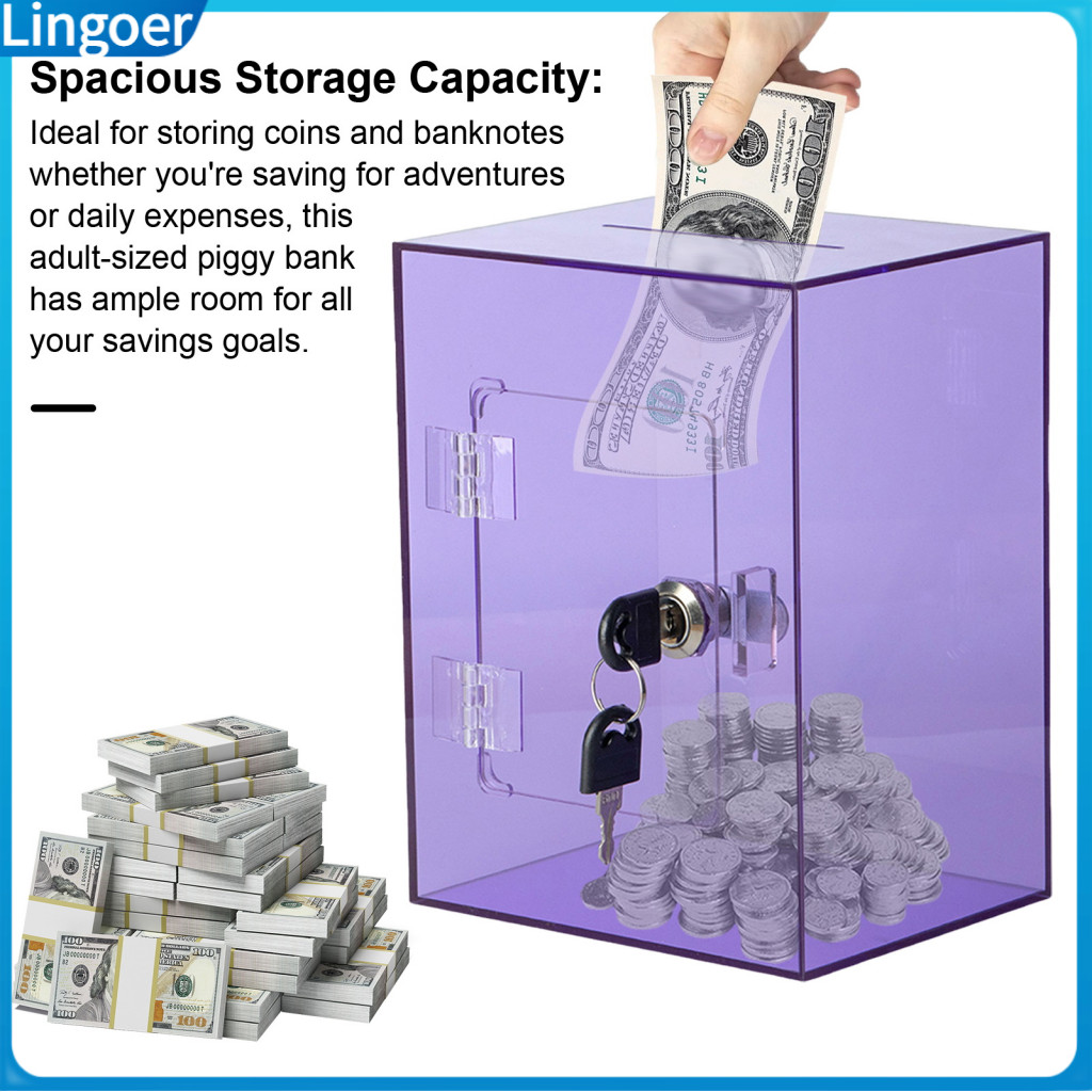Clear Acrylic Piggy Bank with Key – Large Capacity Transparent Money Saving Box for Kids Adults Openable Coin Cash Con