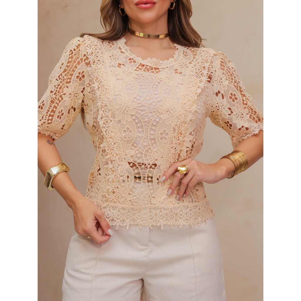 Blusa feminino de lese com forro por baixo e detalhes de flor/TY52