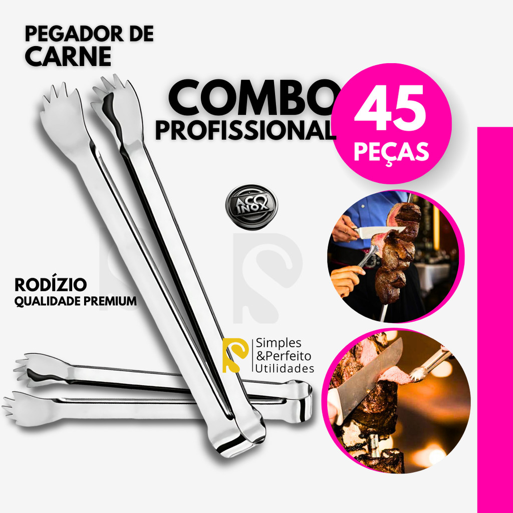 Kit 45 Unidades – Pegador de Carne Inox 12,5cm Pequeno Churrascaria Rodízios Buffet Restaurante