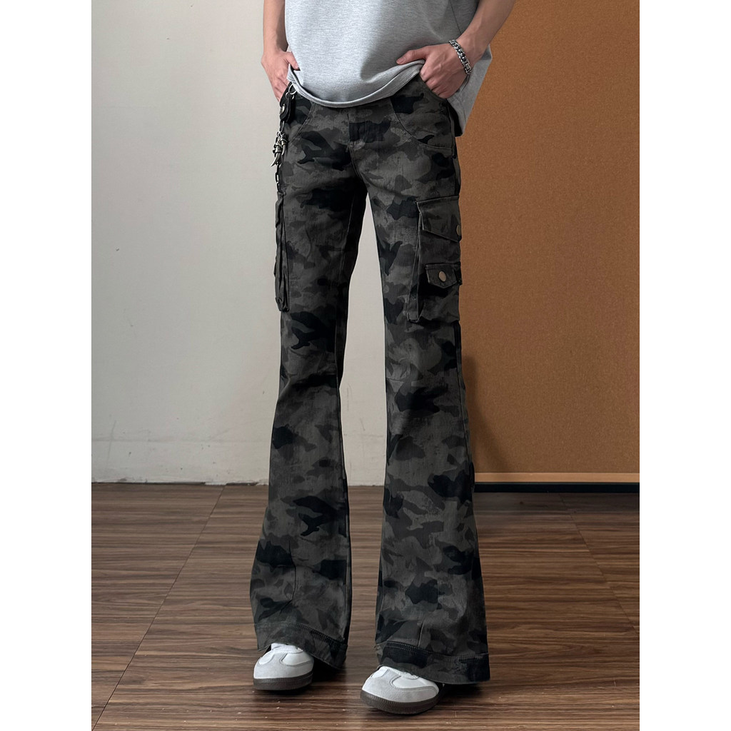 Americano High Street Retro camuflagem macacão Jeans masculino verão novo estilo cleanfit magro ajuste em linha reta cal