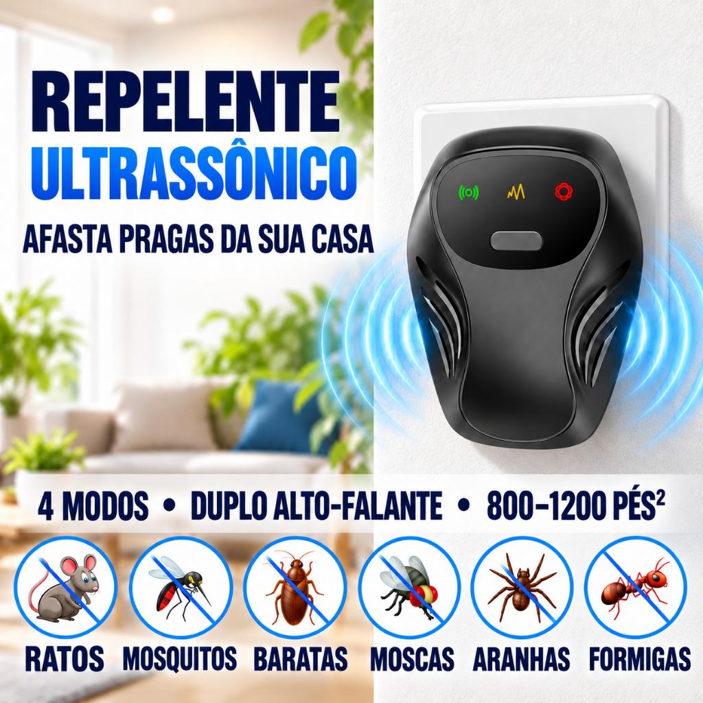 Repelente Ultrassônico de Pragas LC-905 para Ratos, Baratas, Mosquitos, Moscas, Aranhas e Formigas, 4 Modos, Bivolt