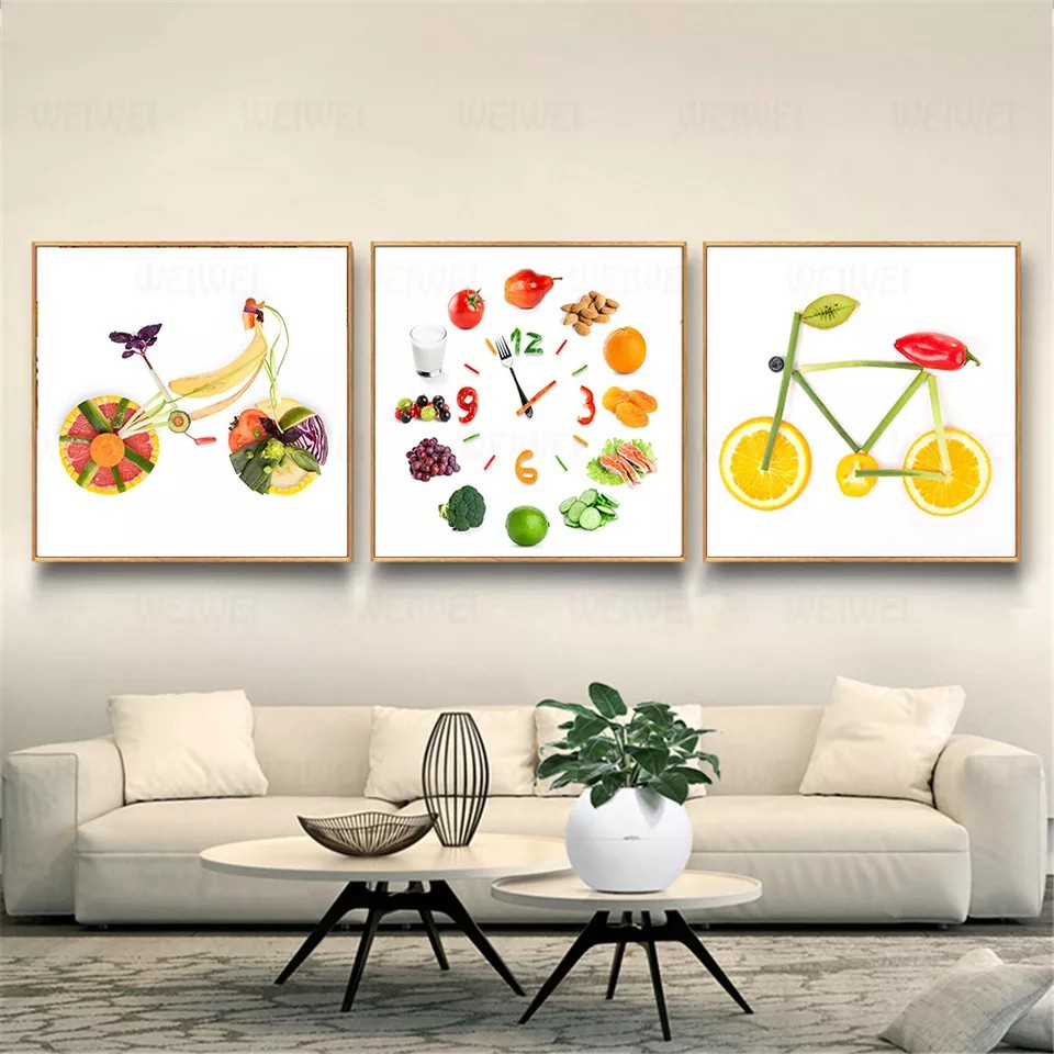 Quadros Decorativo 3 peças Frutas Formas Formatos Bicicleta Relógio Nutrição Saldável Cozinha