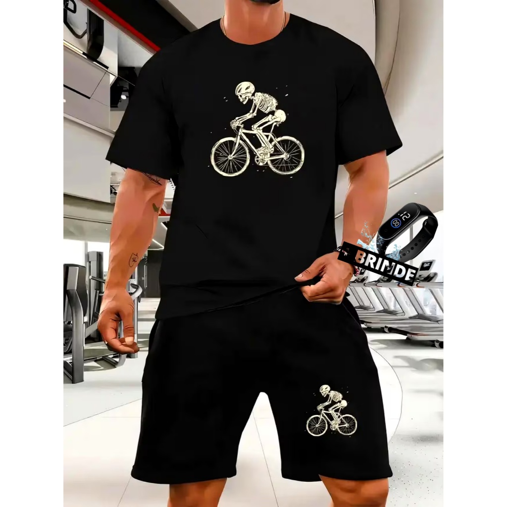 Conjunto camiseta algodão 100% + bermuda tactel Skeleton Bike bicicleta urbano streetwear verão + brinde relógio grátis