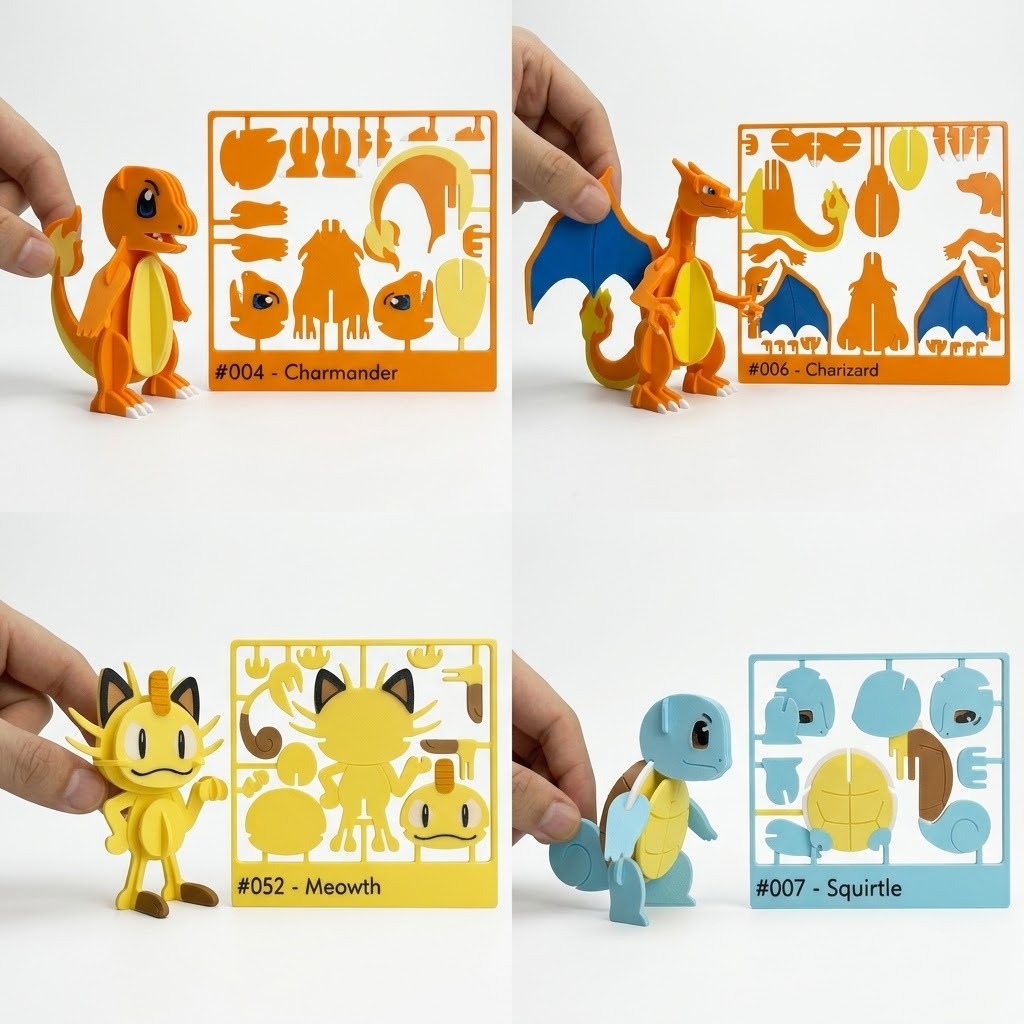 Pokemon Boneco Montável Kit Cards Charizard Squirtle Charmander Meowth