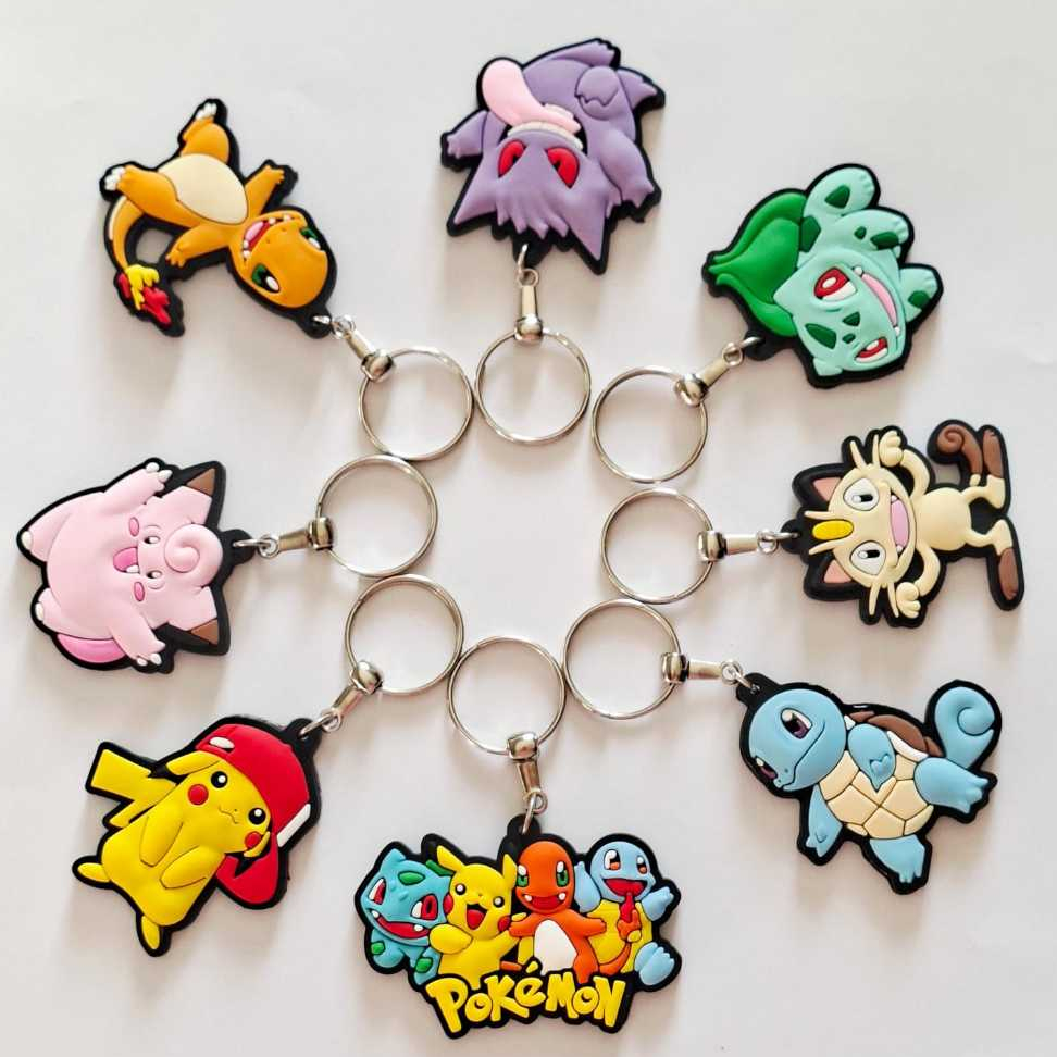 Kit com 8 Chaveiros Emb. Premium Pikachu, Charmander, Squirtle, Bulbasauro, Gengar, Clefairy, Meowth
