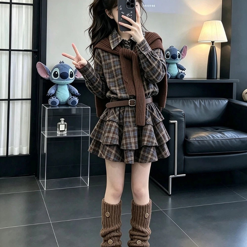 Meninas vestido verificado outono novo estilo roupas infantis médio grande crianças estilo preppy JK moda preppy xale sa