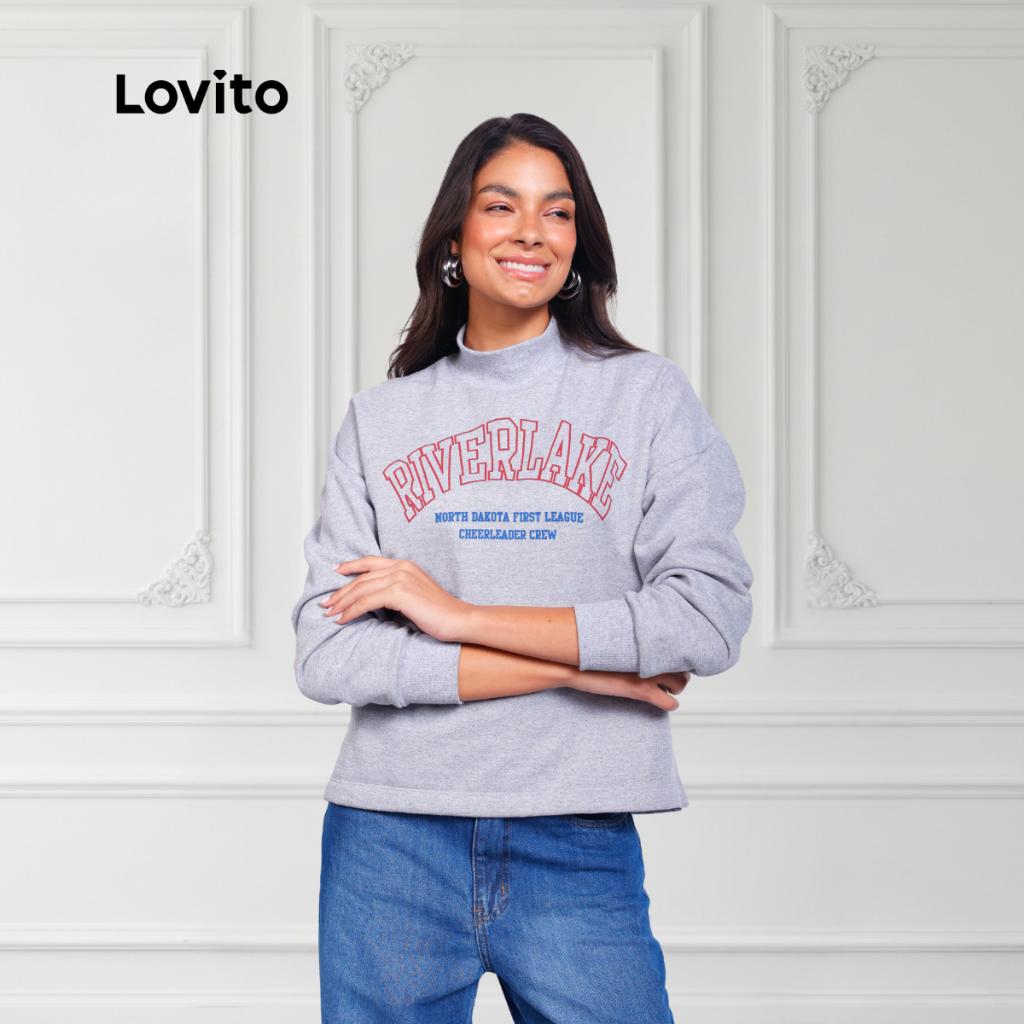 Lovito Moletom Mescla Moda Gola Alta Estampado Moda Preppy Feminino SRB371BRL400
