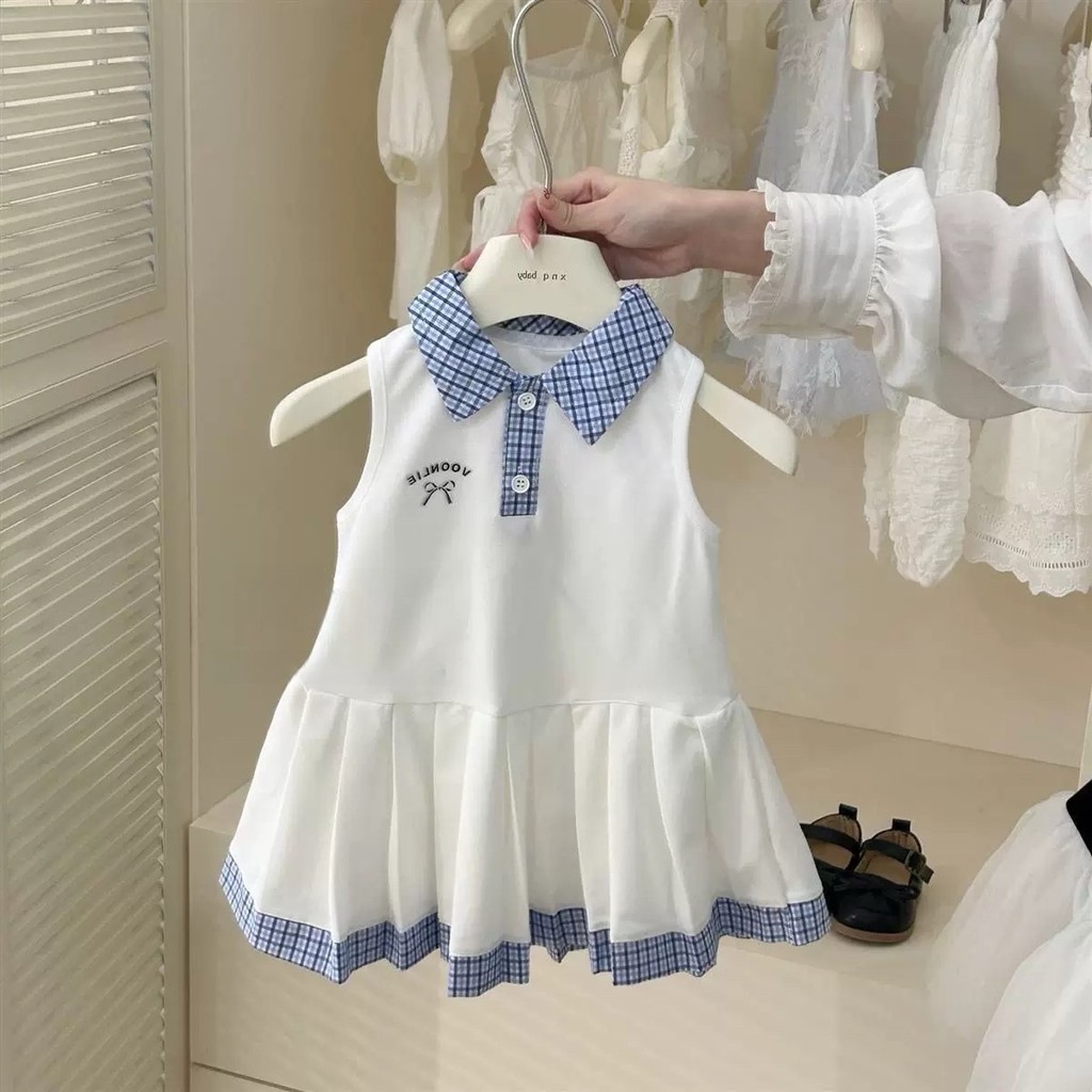 Meninas vestido de verão novo estilo moda crianças gola polo estilo Preppy colete vestido bebê menina sem mangas vestido