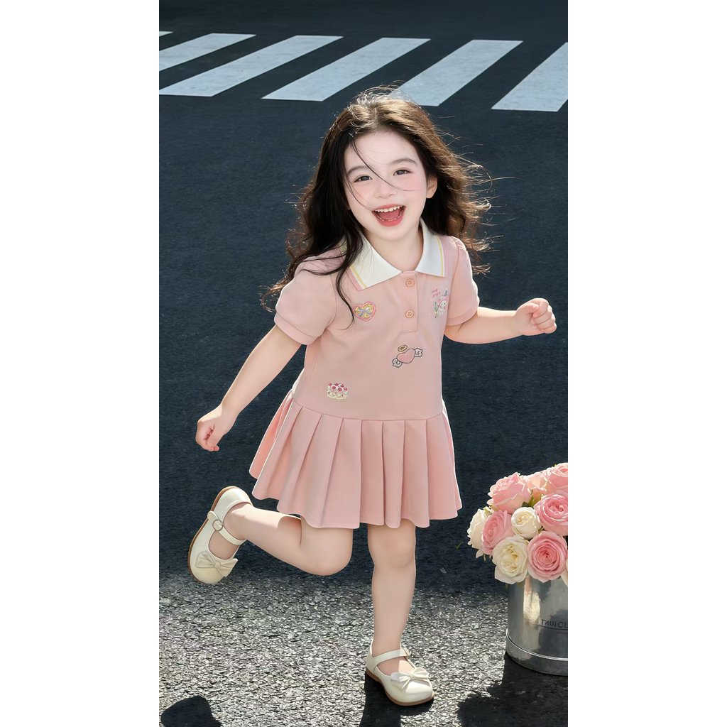 Meninas verão novo estilo elegante gola polo estilo Preppy vestido de princesa de manga curta vestido de verão do bebê