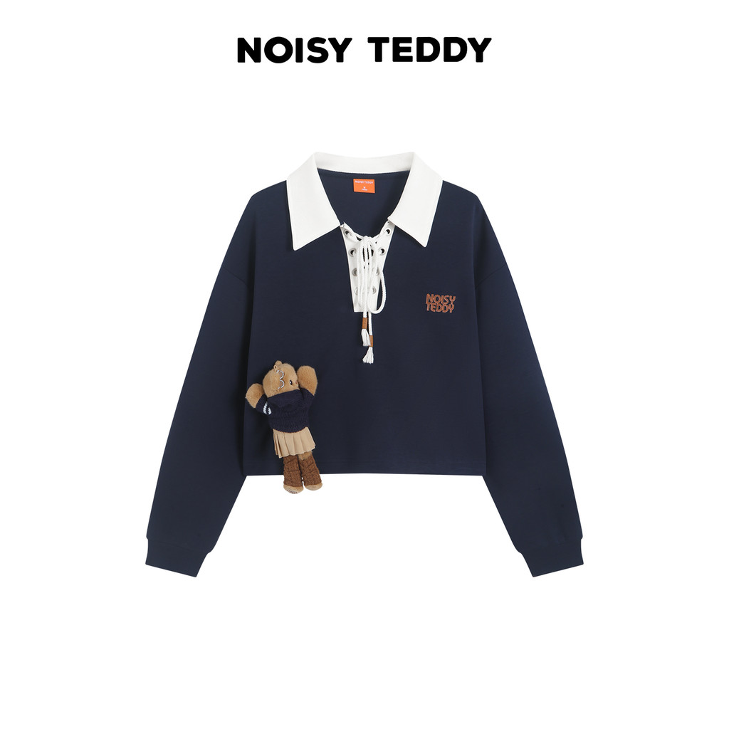 NOISY TEDDY 2026 Outono Senhoras Estilo Preppy Contraste Cor Lapela Cordão Bonito Urso Moletom de Manga Longa
