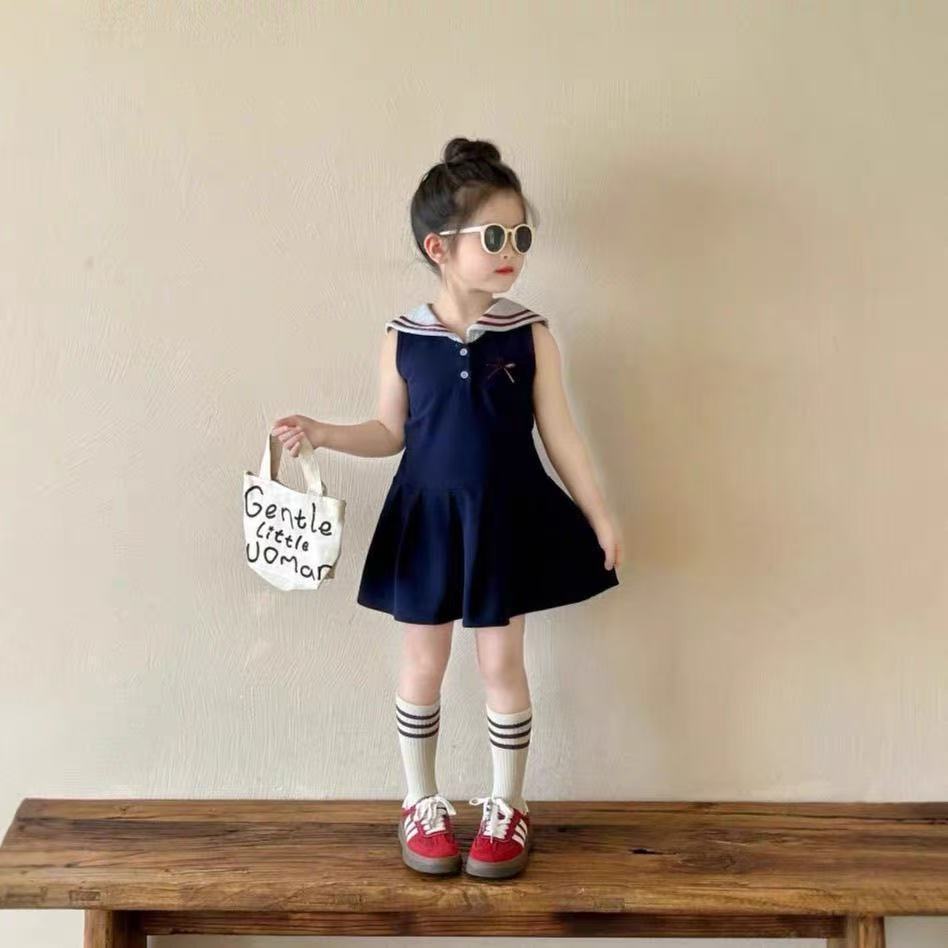 Vestido infantil de verão 2026 estilo coreano preppy azul, roupa de menina tendência influenciador