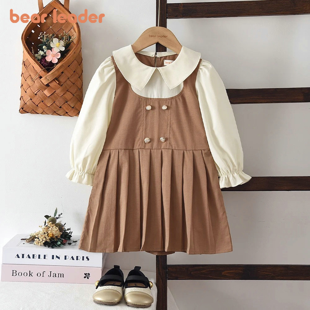 Urso Líder Primavera E Outono Estilo Preppy Novas Meninas Vestidos Casuais Versão Coreana Gola Manga Comprida Retalhos R