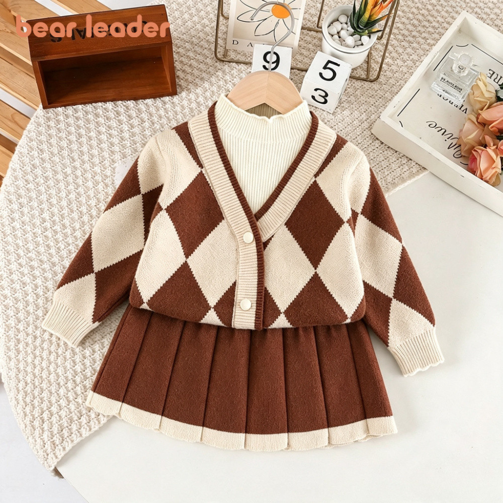 Urso Líder Outono Inverno Nova Impressão Geométrica Pulôver Camisola + Saia Conjunto De Duas Peças Estilo Preppy Casual
