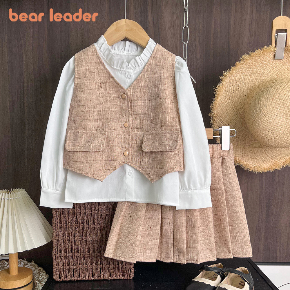 Urso Líder Estilo Preppy Primavera E Outono Meninas Roupas Versão Coreana Colete Cáqui + Camisa Branca De Manga Comprida