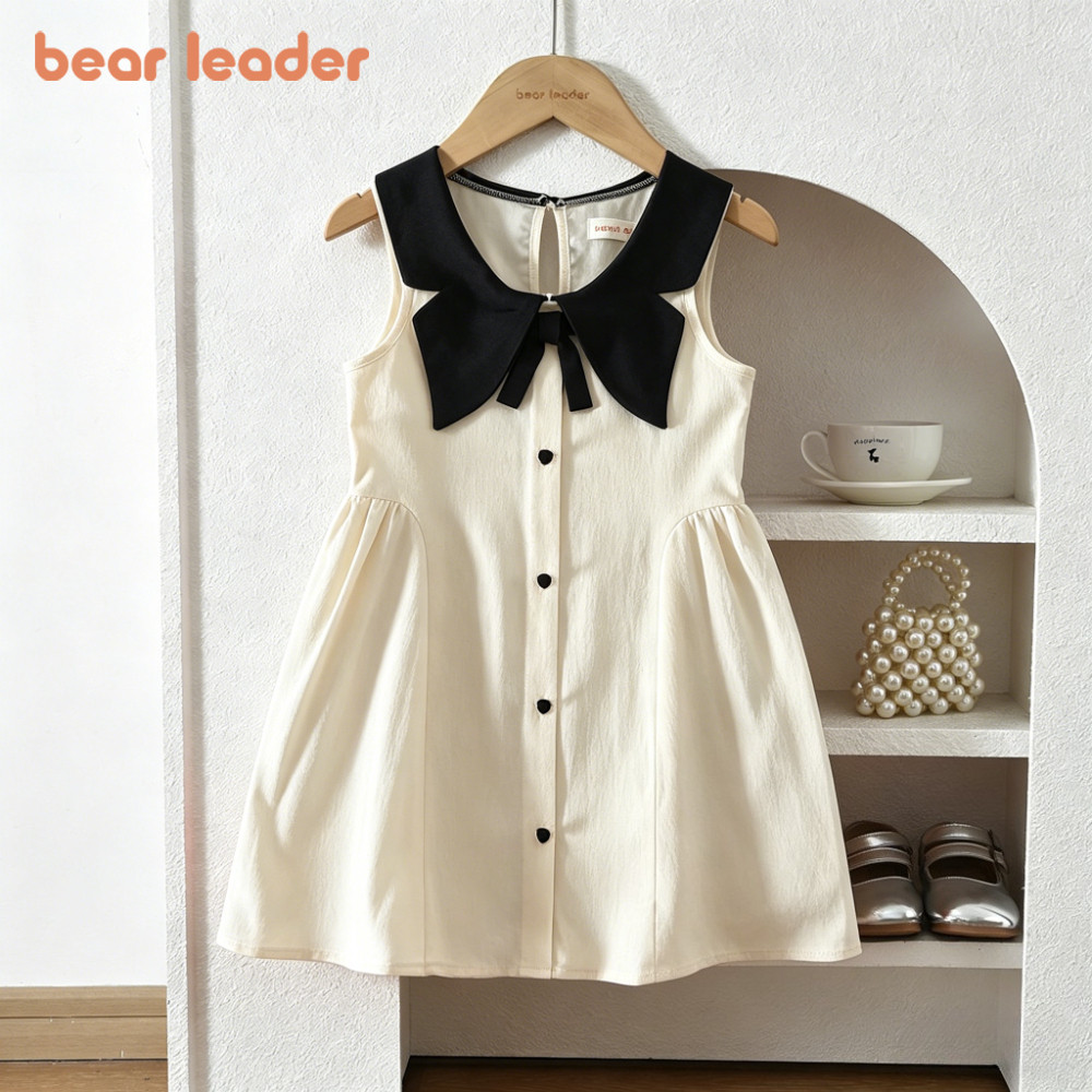 Urso Líder Versão Coreana Simples Bege Festa De Aniversário Vestidos De Princesa Estilo Preppy Verão Preto Lapela Sem Ma