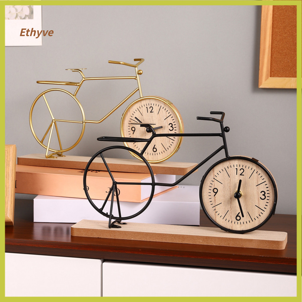 Desk Clock Black and Gold Mini Bicycle Table Metal Decorative Alarm for Room Kitchen Office Bathroom Shelf Battery Power
