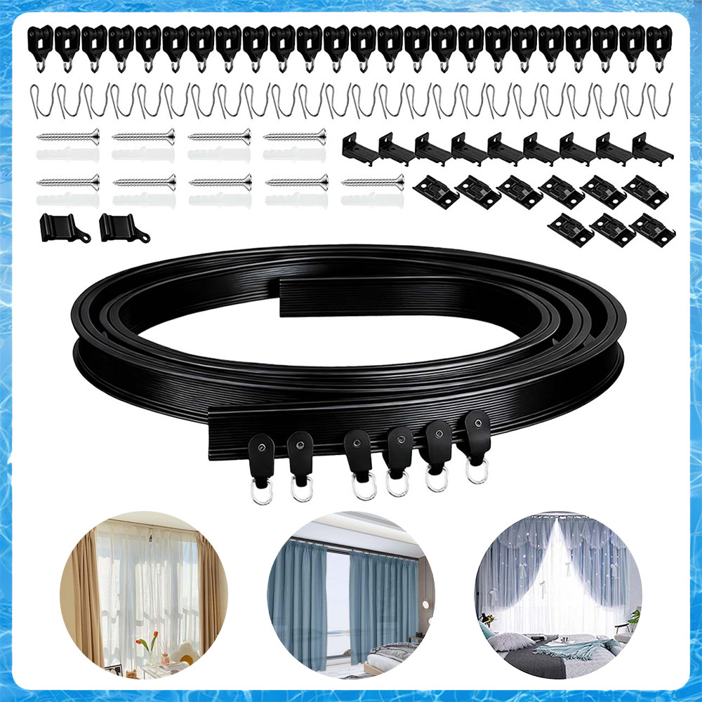 Trilho de cortina de teto 3,00m Preto Curvável – PVC + Aço, com Acessórios, para Quarto e Banheiro
