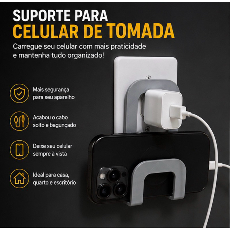 Suporte de Celular para Tomada | Organizador de Carregador | Apoio Para Smartphone PRETO