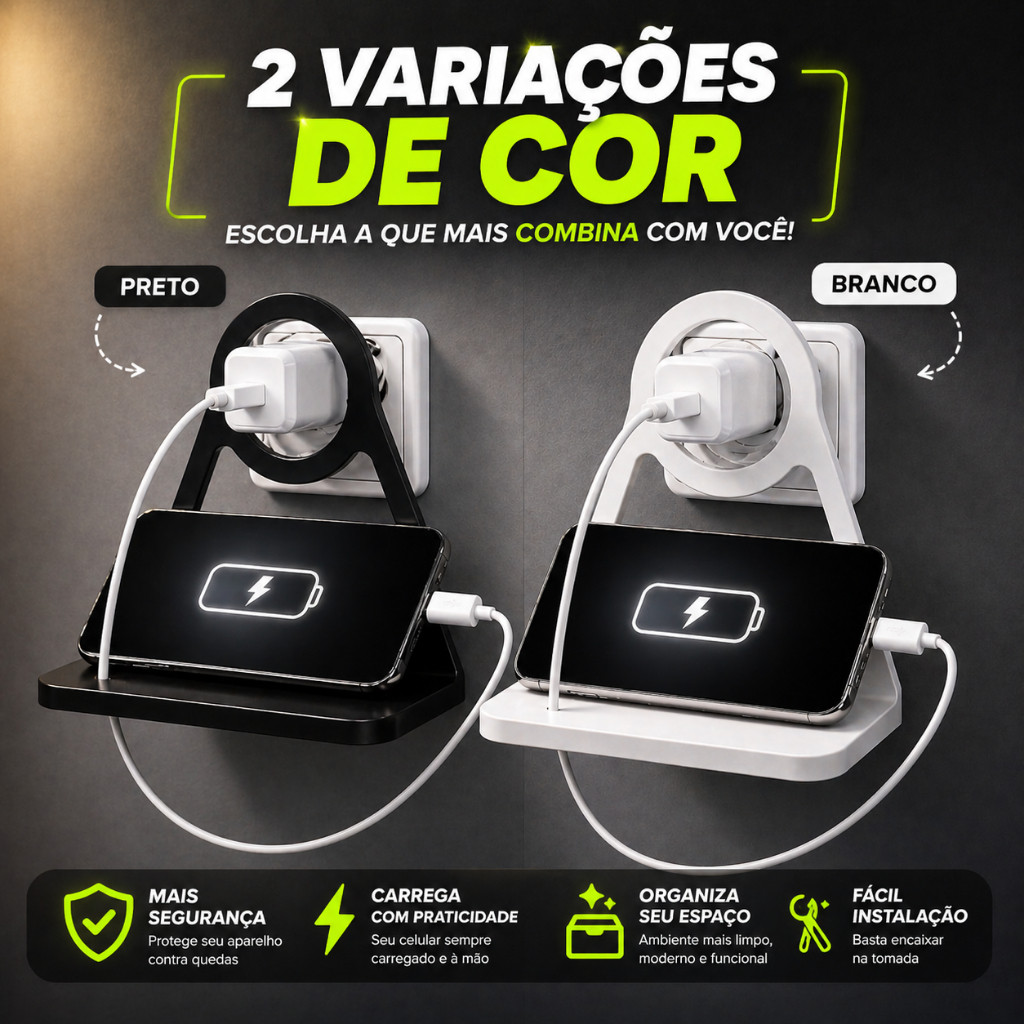 Suporte Para Celular Tomada Prateleira Apoio Parede Organizador De Cabos Carregador Universal Minimalista presente natal