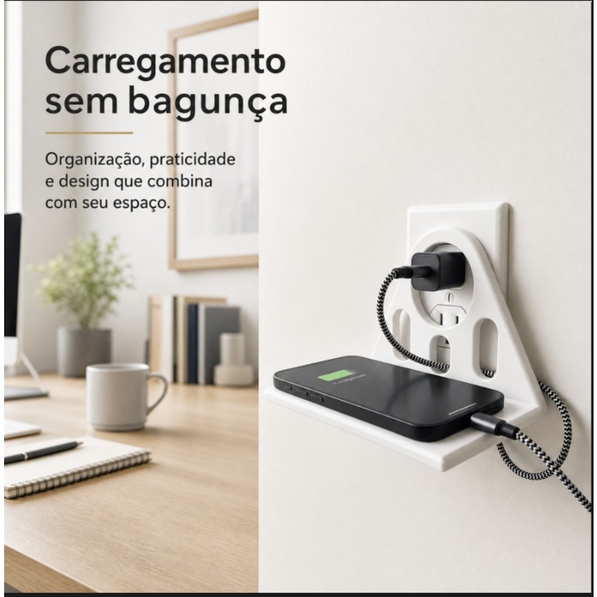 Suporte para Celular e Carregador 3D – Organizador de Tomada com Base para Smartphone, Prático e Compacto