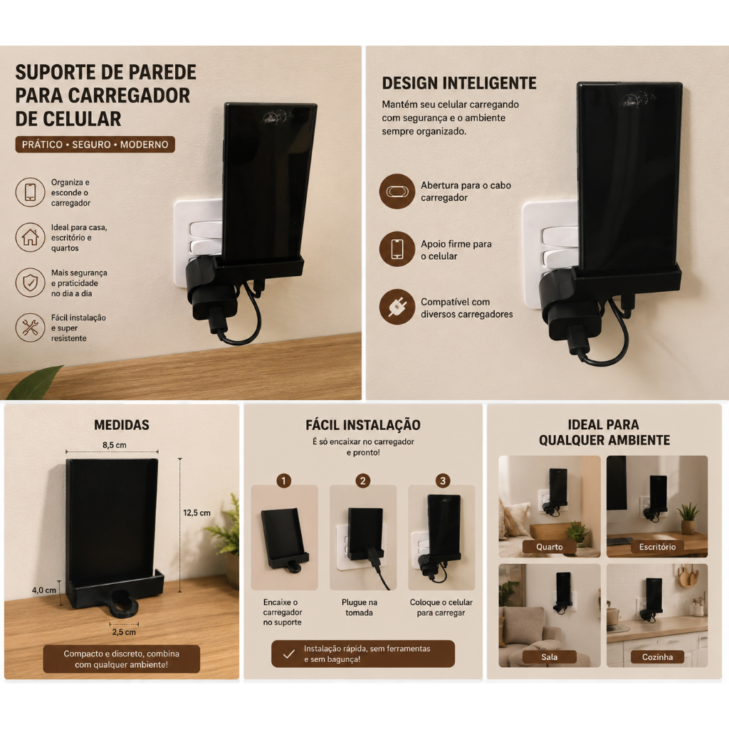 Suporte de Parede para Carregador de Celular | Organizador de Tomada 3D