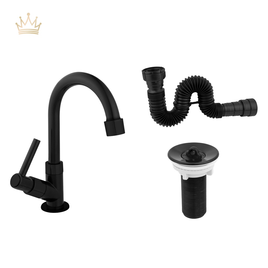 Kit Torneira de Pia para Banheiro em ABS com Sifão e Valvula 7/8 - Preto Fosco