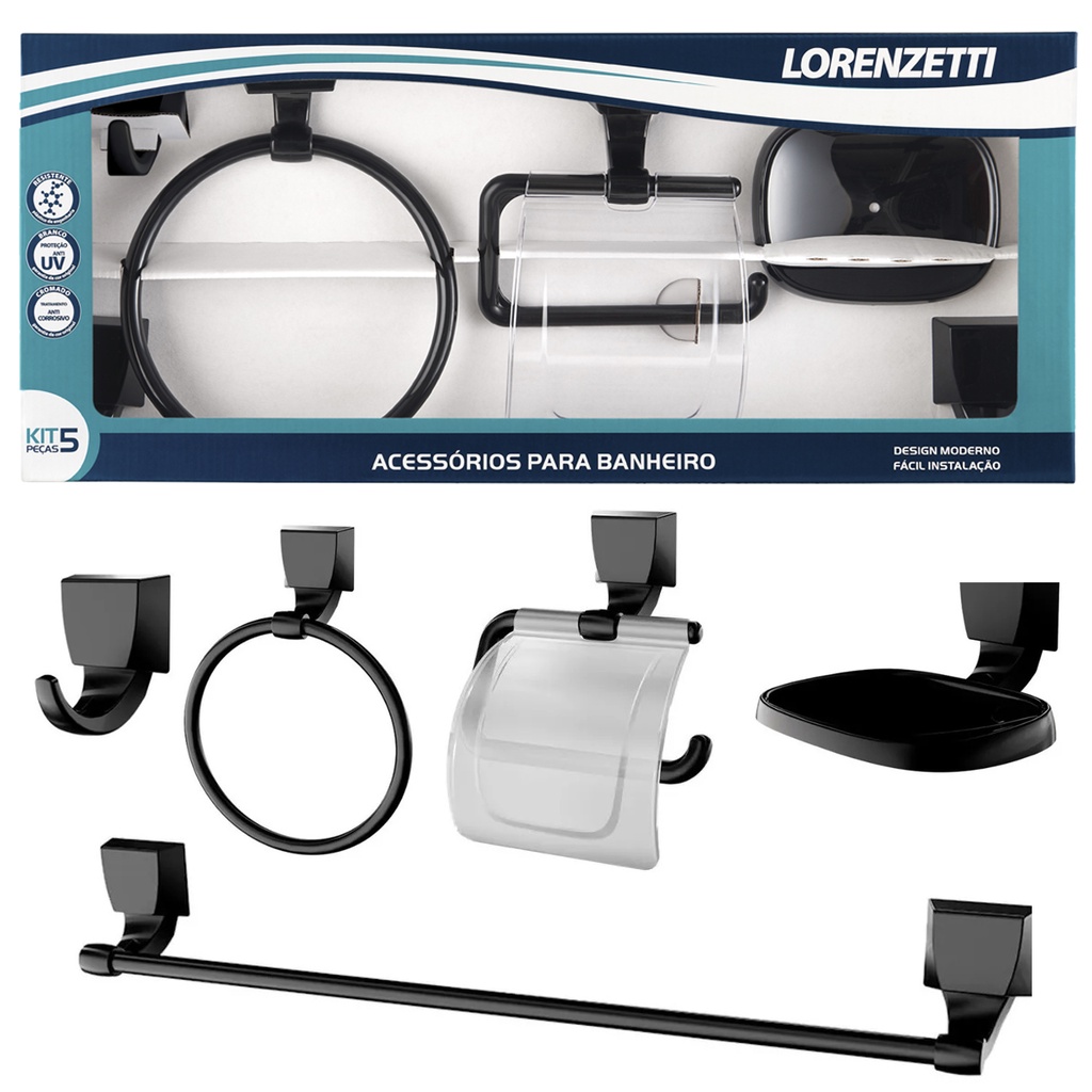 Acessórios Banheiro Kit 5 Peças Preto Saboneteira Papeleira Cabide Porta Toalha Lorenzetti Abs Preto