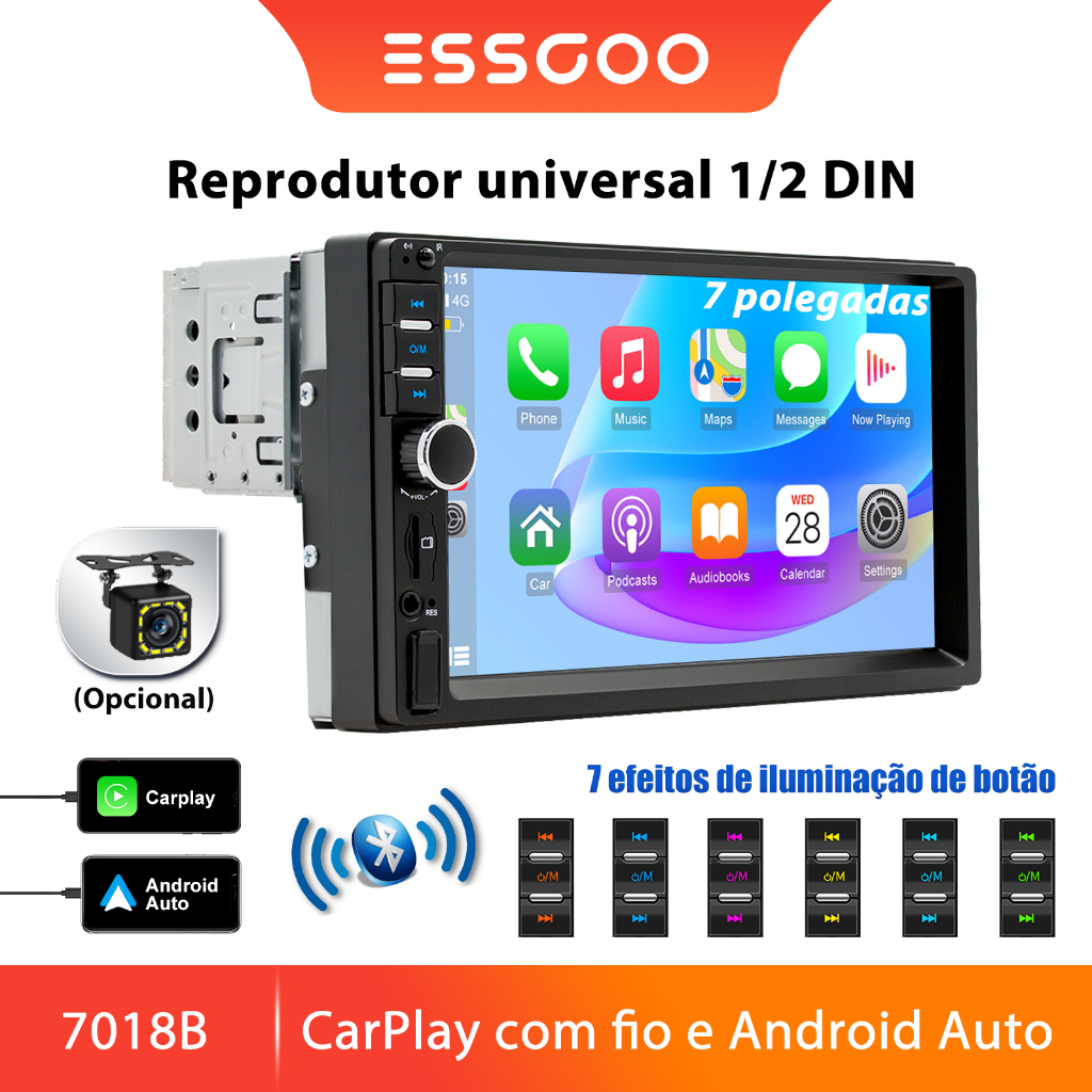 ESSGOO 7018B 1/2 Din Car Stereo 7 Polegadas HD 2Din Touch Screen MP5 Player Com CarPlay Fio E Android Auto BT FM USB