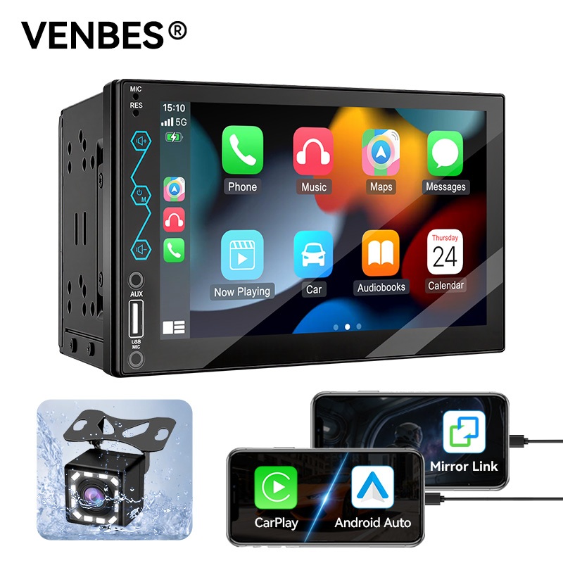 VENBES 2 DIN 7 Polegada Car Stereo CarPlay Android Auto MP5 Touch Screen Bluetooth Mirror Link USB AUX