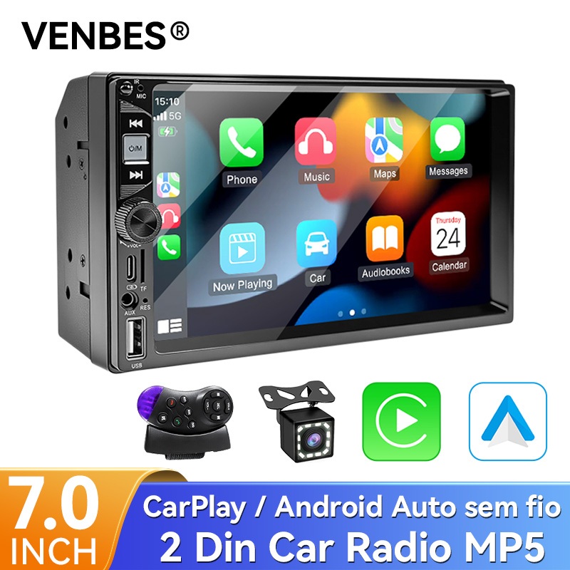 VENBES 2 DIN 7'Car Stereo CarPlay Android Auto MP5 Touch Screen Bluetooth Câmera De Visão Traseira USB AUX