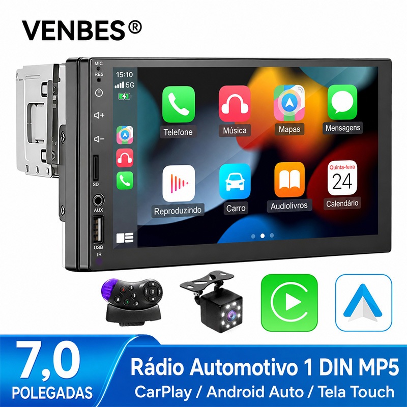 VENBES 1 Din Car Stereo 7 Polegada Touch Screen MP5 Player , CarPlay Android Auto MirrorLink , Bluetooth Rádio FM USB AU
