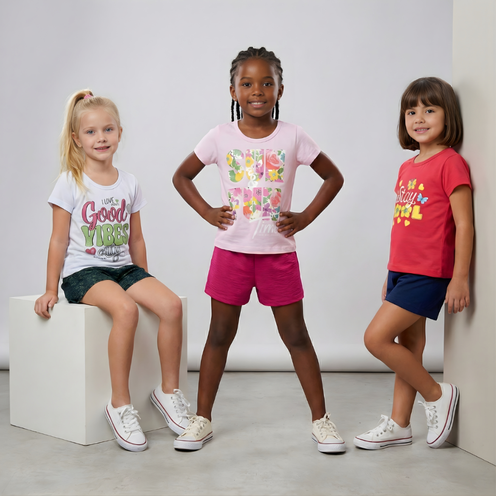 Kit 3 Conjuntos Femininos Infantis Estampados em Malha Macia para o Dia a Dia Tamanhos 1 ao 14
