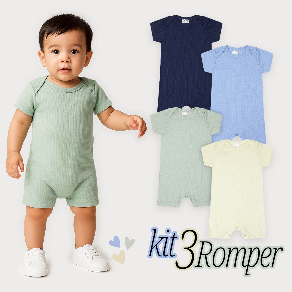 Kit 3 Peças Romper Malha Canelada Macia Menino Verão 67% Poliéster Lote 3 Peças Tam RN/P/M/G/1