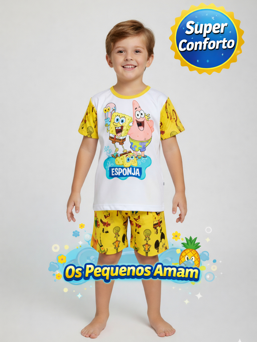 Pijama Infantil Masculino Bob Esponja Curto Verão Malha Macia Confortável