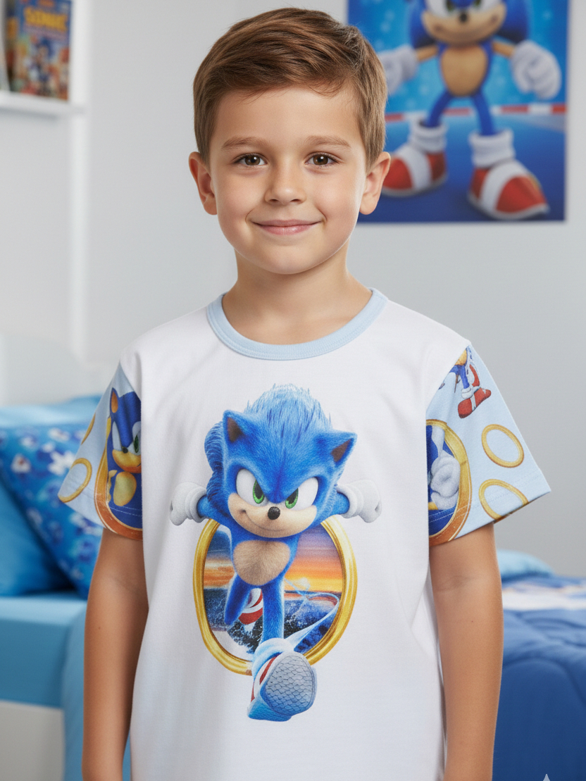 Pijama Infantil Masculino Sonic Curto Verão Malha Macia Confortável