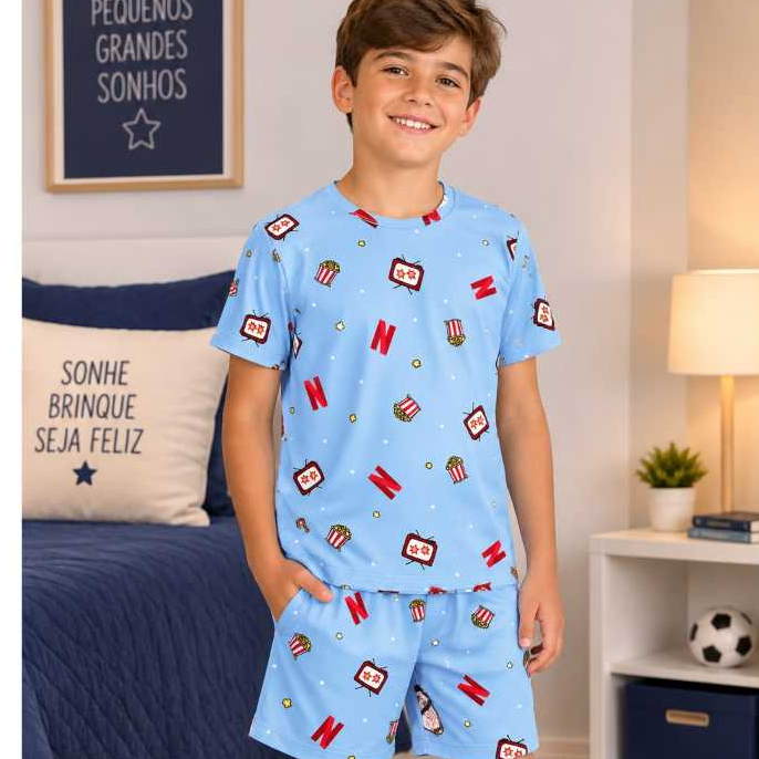 Pijama Infantil  / Juvenil ,  Menino  Verão ...  (  Malha Suede macia e fresquinha / Conjunto camisa manga curta e short