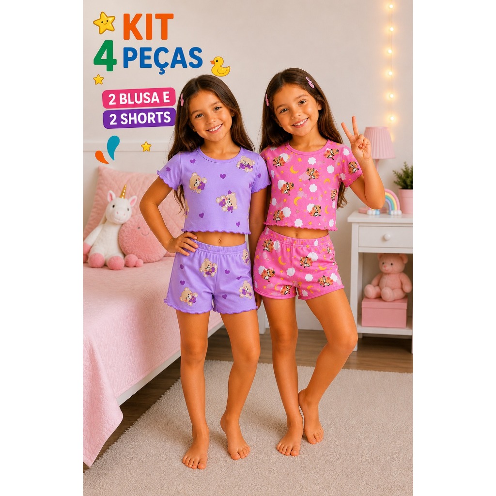 KIT 2 Pijamas Infantil Feminino Curto Cropped Conjunto Verão Menina Confortável Malha suede Macia Blogueirinha Moda kids