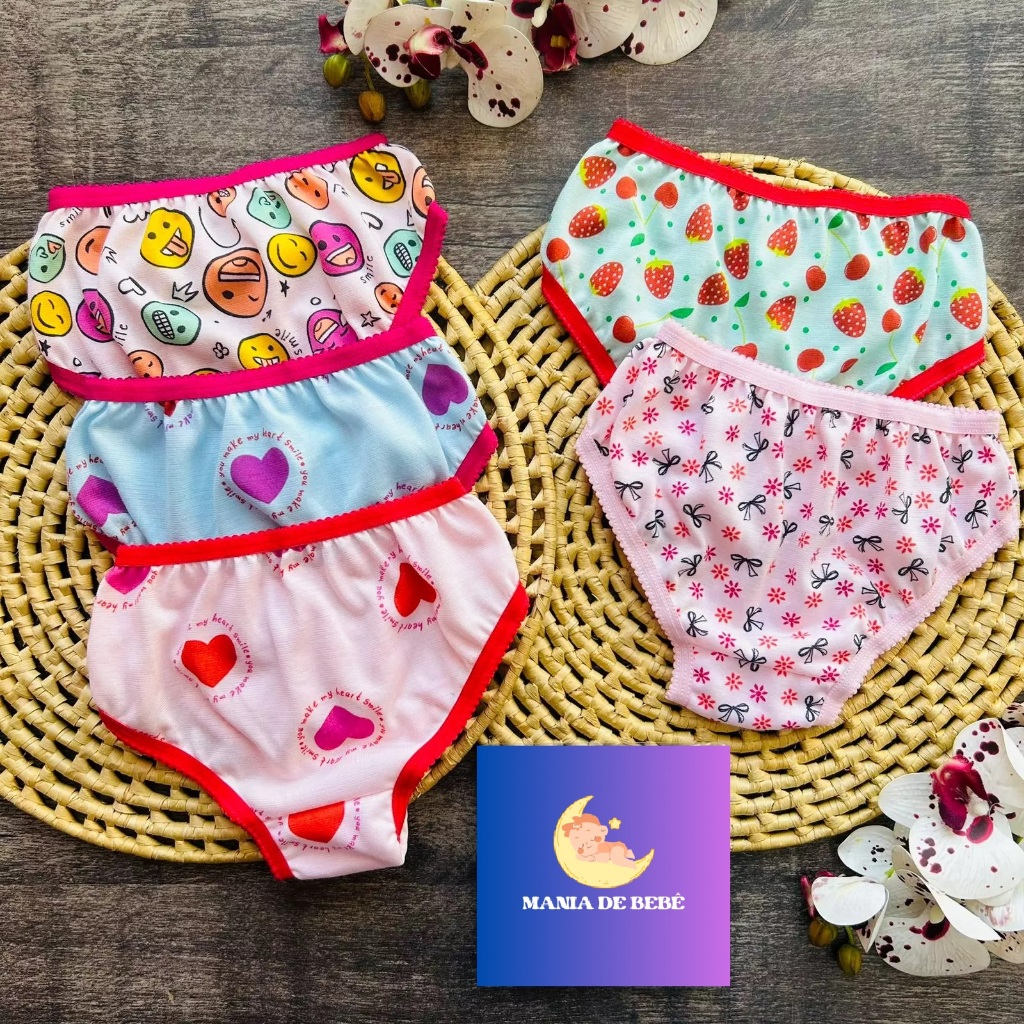 kit com 2 Calcinha simples estampada infantil bebe menina malha macia confortável bebê RN a 1 ano