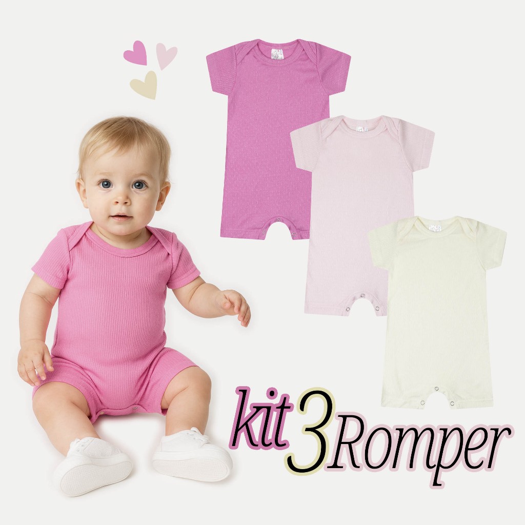Kit 3 Peças Romper Malha Canelada Macia Menina Verão 67% Poliéster Lote 3 Peças Tam RN/P/M/G/1