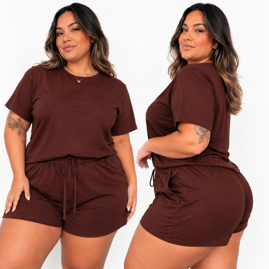 Conjunto Feminino Plus Size Suede  Blusa e Short Confortável Malha Macia Casual Tam U Veste G e GG