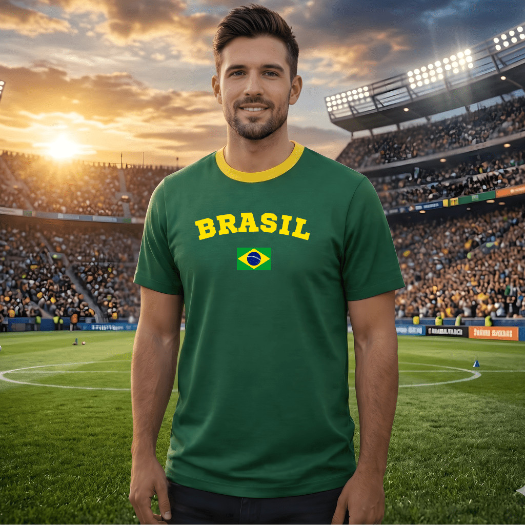 Camiseta Masculina estampada BR COPA do mundo Brasil BANDEIRA blusa macia malha 26.1 infantil ao adulto