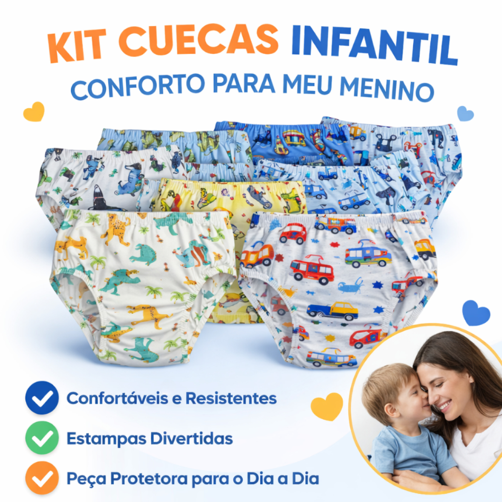 kit Cueca Infantil Menino Malha Fria Confortável Estampadas Macias Não Aperta forro 100% Algodão