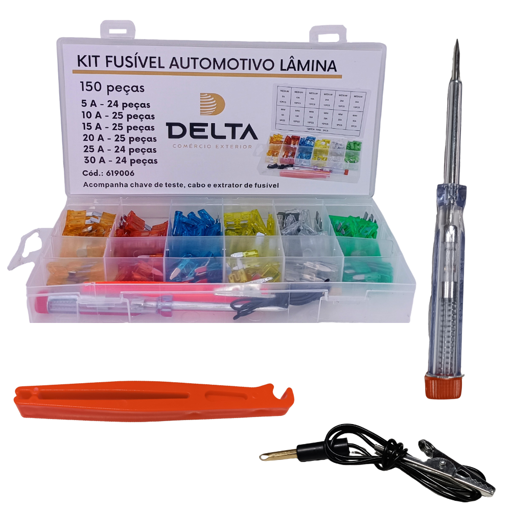 Jogo Kit 150 Pçs Fusivel Autotivo Lamina Varias Medidas E Amperes Medio Mini Estojo Clipe Chave e Cabo Teste Extrator