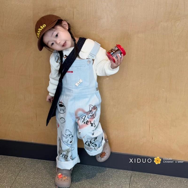 Primavera estilo coreano meninos meninas Graffiti filhote de cachorro dos desenhos animados macacão jeans crianças azul