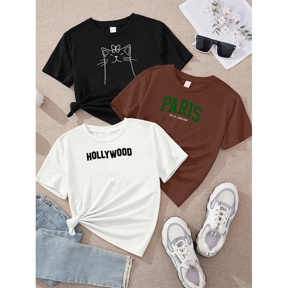 Blusa camiseta Feminina Kit 3 Gato Laço Preto Paris Verde Marrom Hollywood Off White